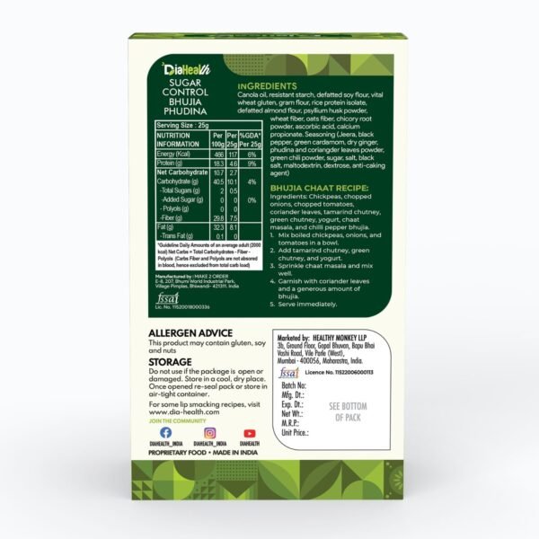 Diahealth Sugar Control Bhujia Phudina back label – ingredients, nutrition facts, allergen info, chaat recipe