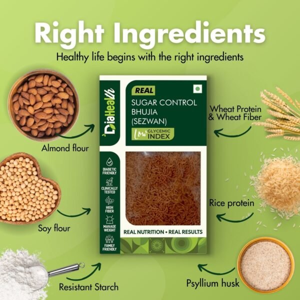 Diahealth Sugar Control Bhujia ingredients – almond flour, soy flour, wheat protein, resistant starch, rice protein, psyllium husk