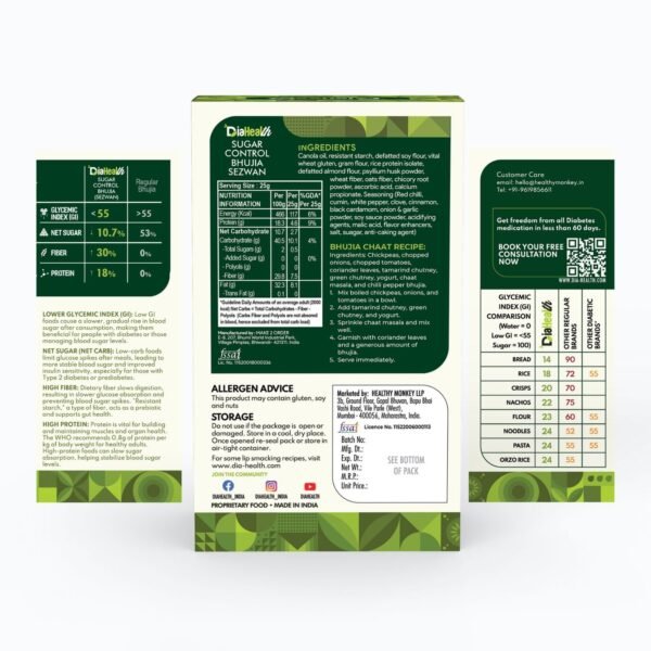 Back label of Diahealth Sugar Control Bhujia Sezwan – low GI diabetic-friendly snack with nutrition facts and recipe
