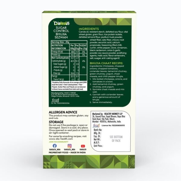Back label of Diahealth Sugar Control Bhujia Sezwan – low GI diabetic-friendly snack with nutrition facts and recipe